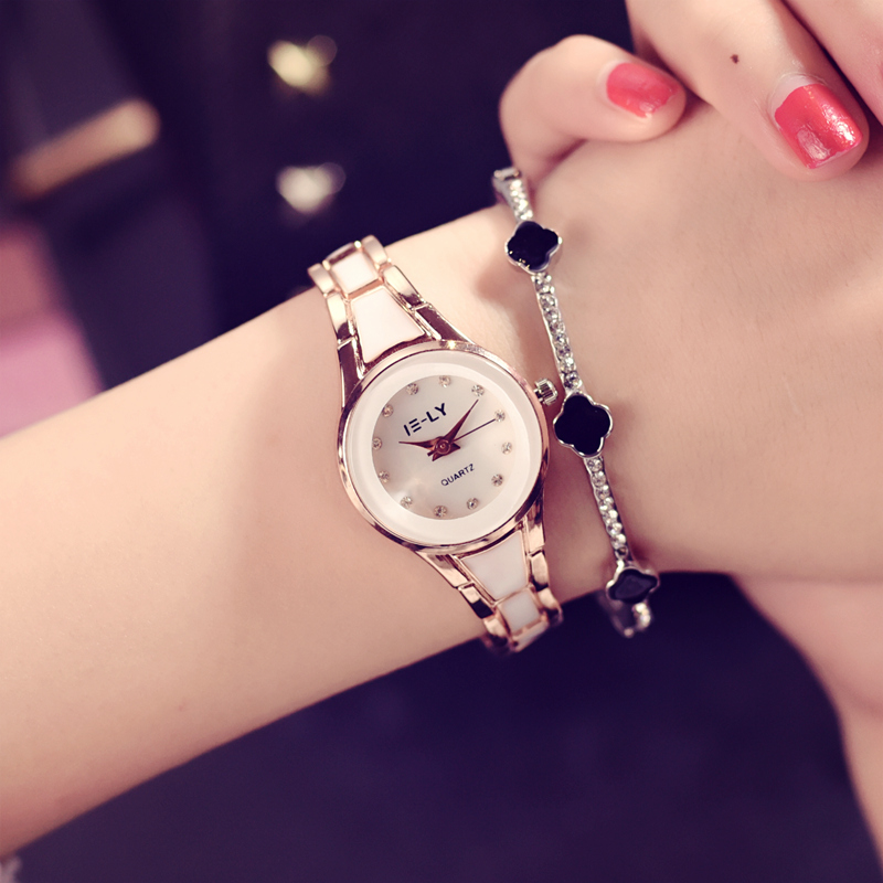 裝飾手表女生學生韓版簡約陶瓷白手鐲時尚迷你氣質玫瑰金手鏈女表