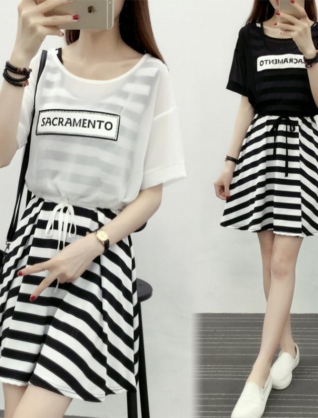 韓版夏季小清新條紋連衣裙女短袖雪紡罩衫吊帶背心裙兩件套裝裙子