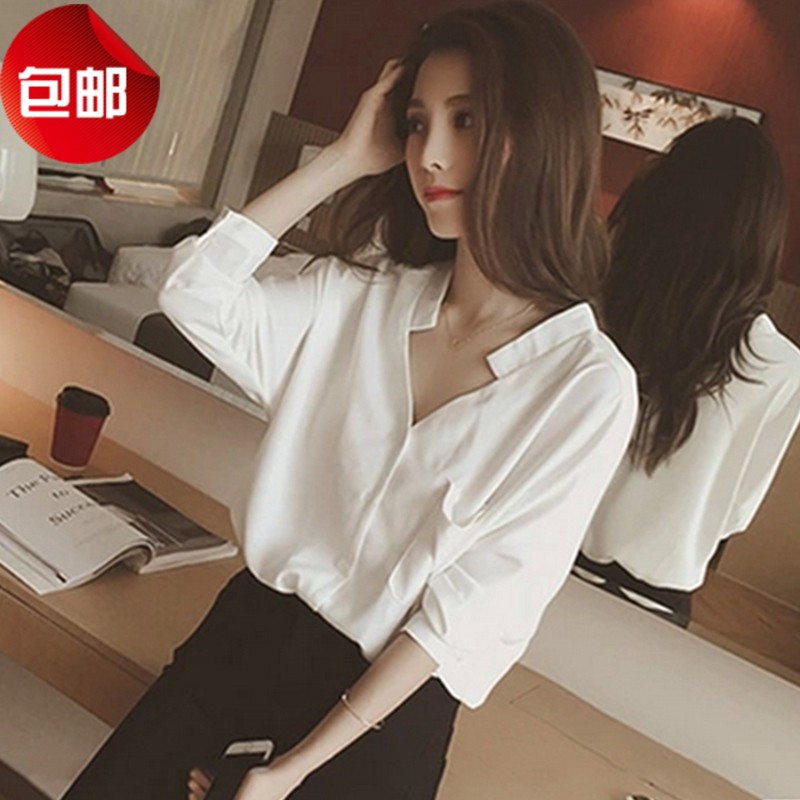 2017春裝新款韓范學院風白色襯衫修身顯瘦蝙蝠袖V領女雪紡衫襯衣