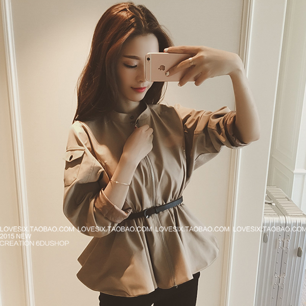 2017春秋新款韓版時尚系帶高腰顯瘦短款風衣女收腰長袖外套潮上衣
