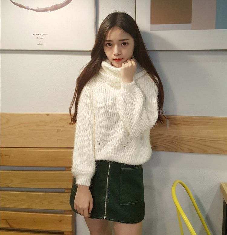 韓國學院風秋冬純色高領兩穿寬松百搭套頭長袖針織毛線毛衣女