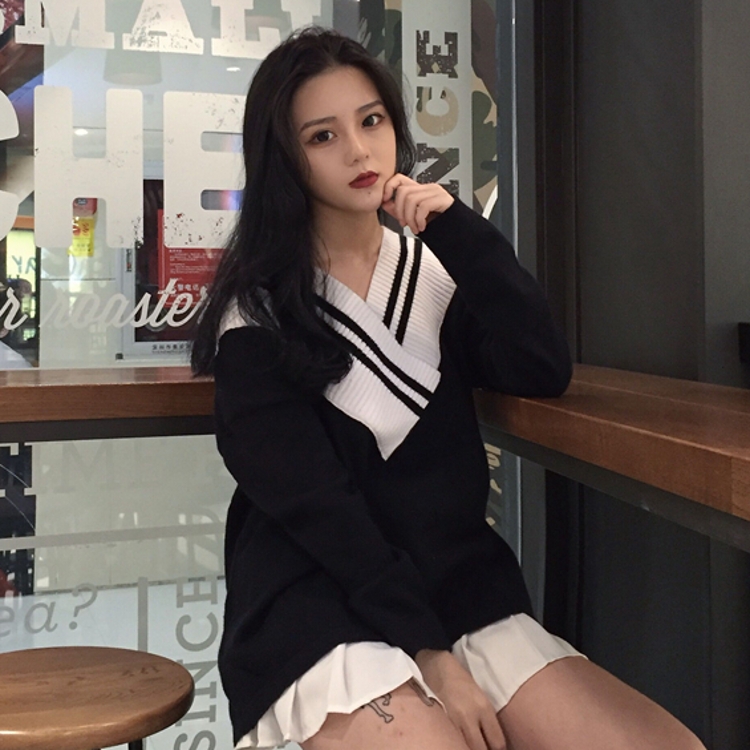 冬款韓國chic寬松顯瘦V領套頭撞色條紋百搭長袖針織毛衣女