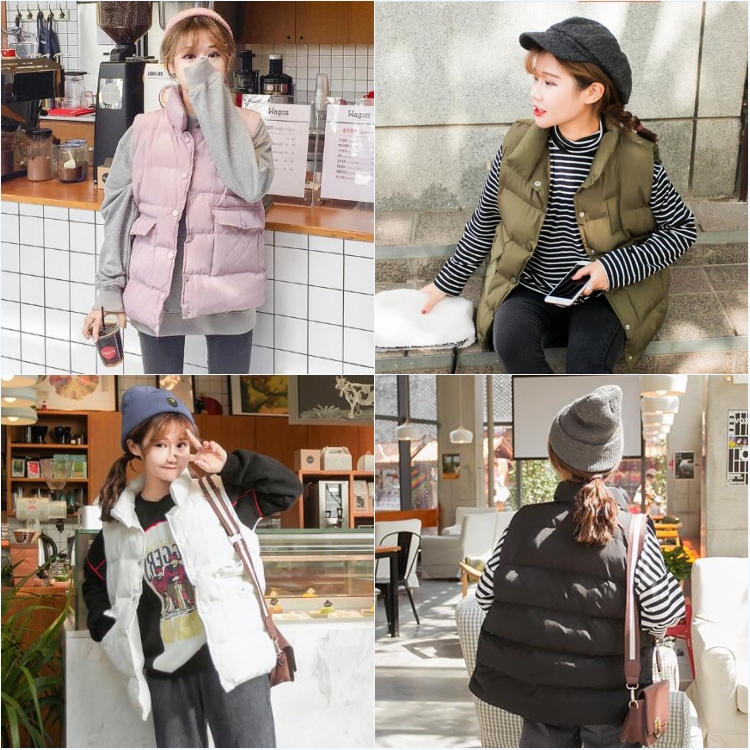 韓國冬款寬松立領大口袋無袖加厚學生棉衣面包棉服馬甲外套女
