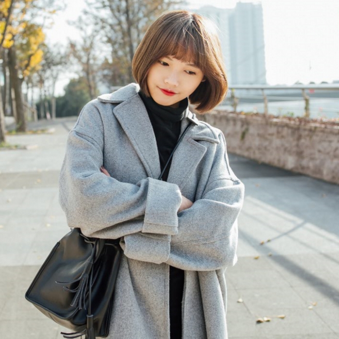 秋冬韓國中長款百搭時尚寬松顯瘦灰色呢子大衣長袖外套女