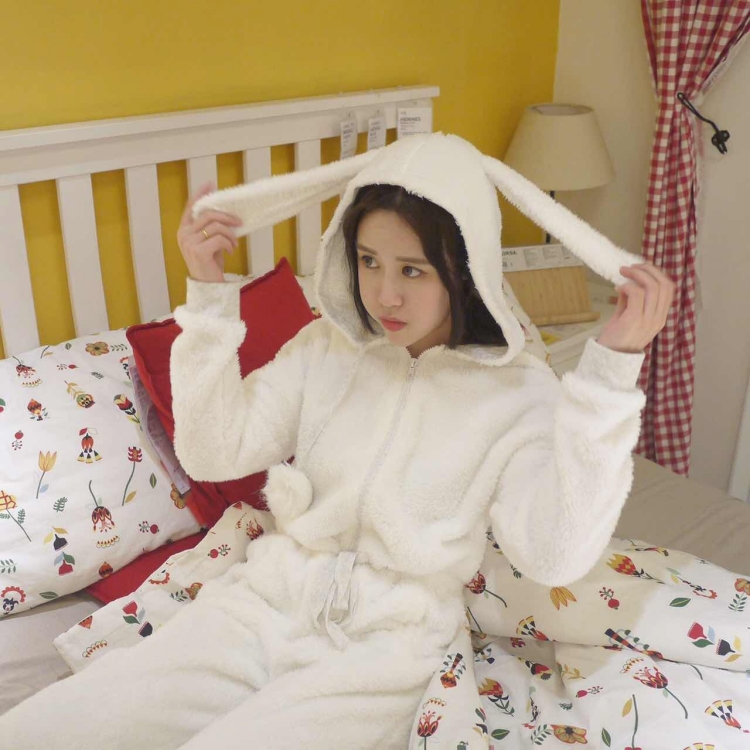 韓國軟妹可愛系冬款珊瑚絨兔子連帽抽繩連體睡衣睡袍家居服女