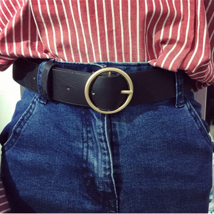 韓版新款潮流時尚百搭單品簡約圓形金屬PU皮女寬腰帶針扣皮帶