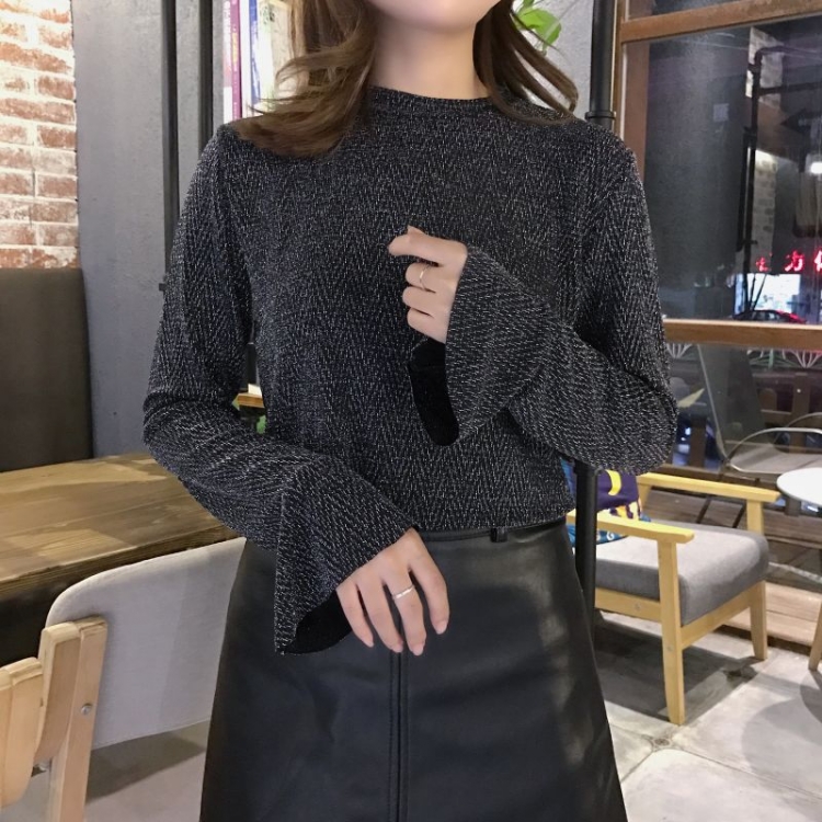 韓國chic秋冬款時尚亮絲圓領喇叭袖修身顯瘦套頭打底衫T恤女
