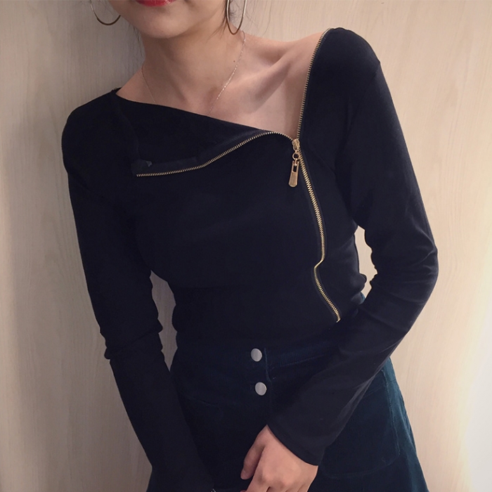 秋裝新款韓版女裝修身顯瘦純色百搭時尚拉鏈休閑簡約長袖T恤上衣