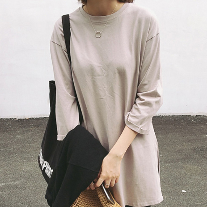 秋裝新款韓版純色百搭寬松顯瘦圓領套頭中長款長袖T恤上衣女