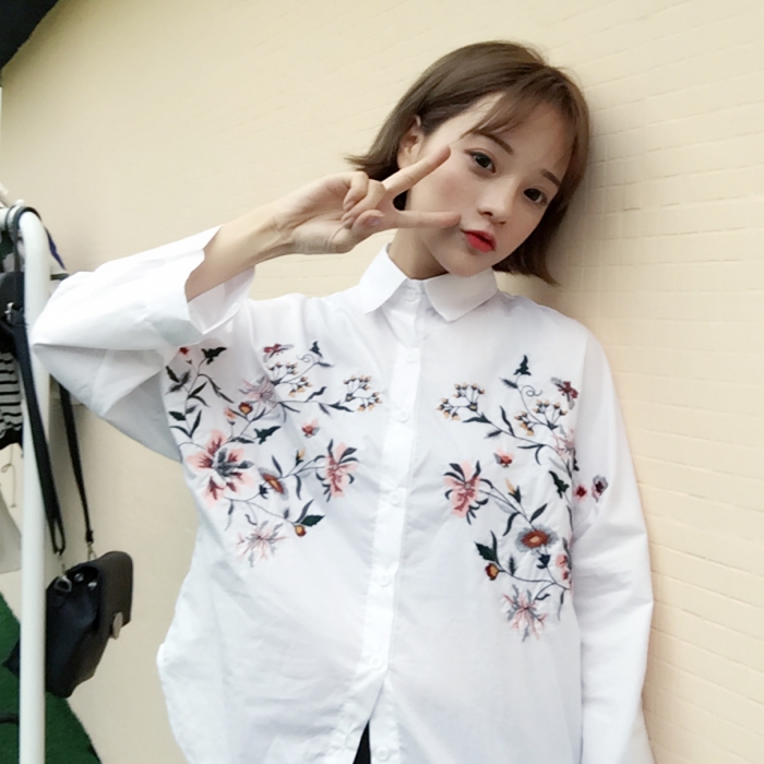 秋裝新款韓版女裝百搭寬松顯瘦襯衣POLO領長袖白色襯衫上衣