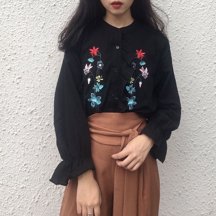 秋冬款韓國chic氣質襯衣百搭刺繡花朵單排扣寬松長袖襯衫女