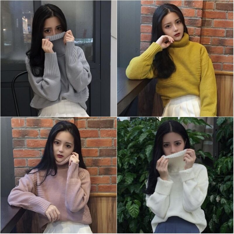 韓國chic風寬松冬款加厚長袖高領純色針織套頭毛衣女學生上衣