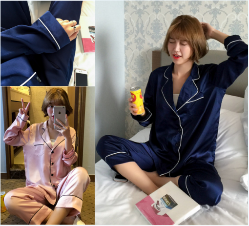 韓國舒適寬松翻領長袖家居服套裝睡衣上衣女長褲兩件套女