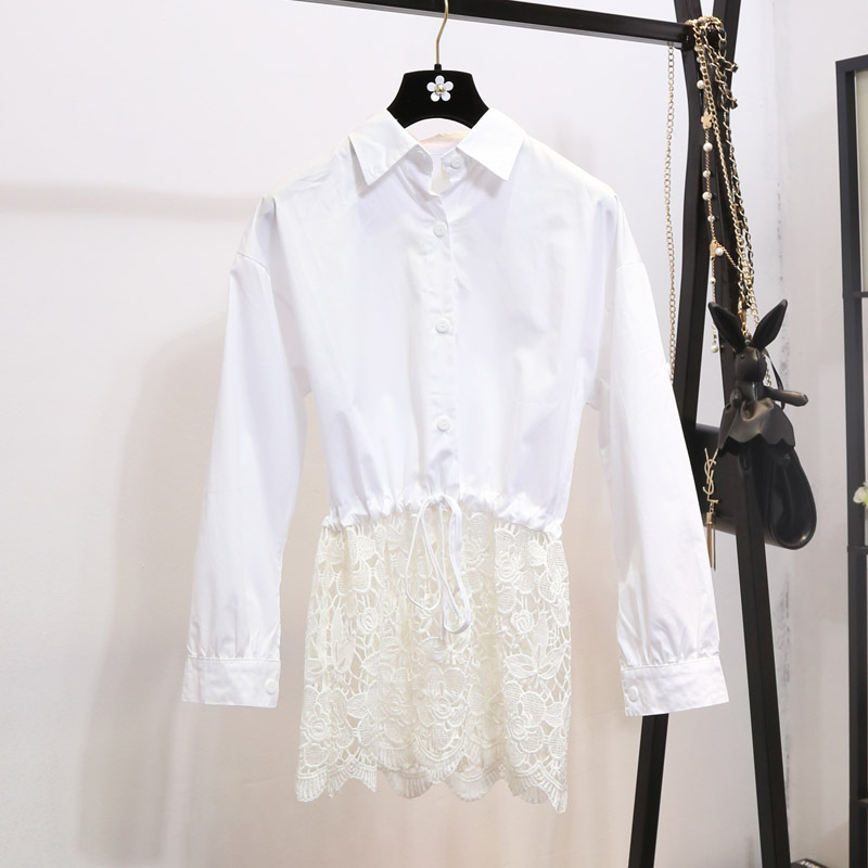 春季新款韓款女裝中長款蕾絲拼接修身顯瘦長袖白色襯衫女上衣