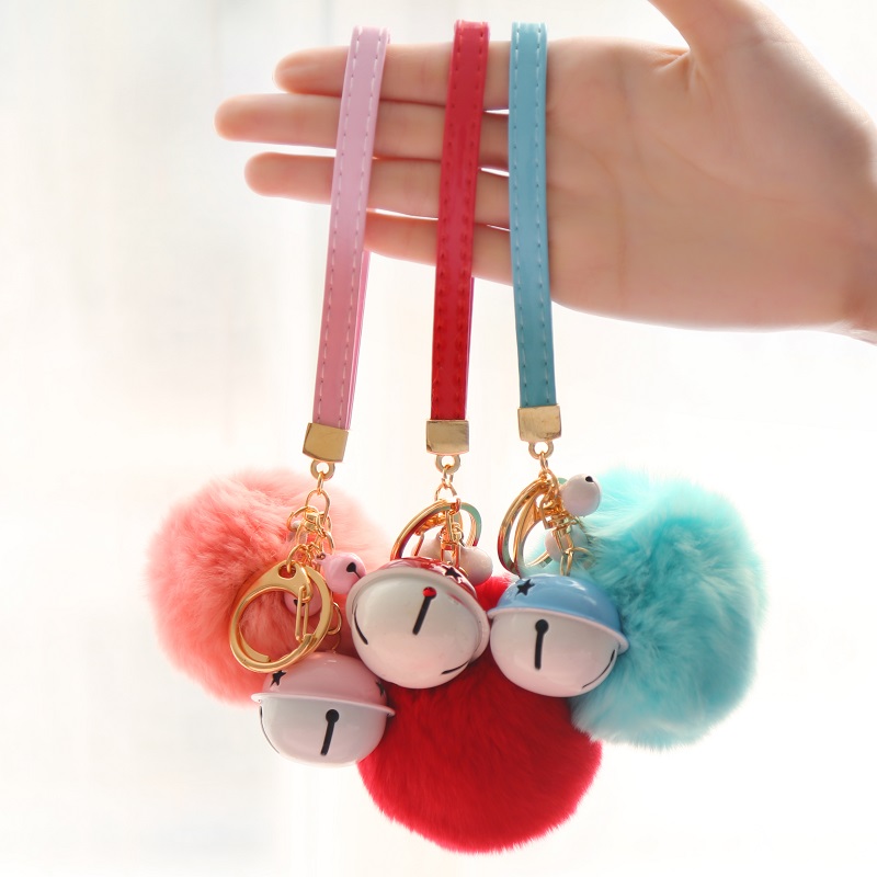 Q撞色兔毛球鈴鐺彩色鑰匙扣高檔皮繩鑰匙鏈女生包包掛件飾品