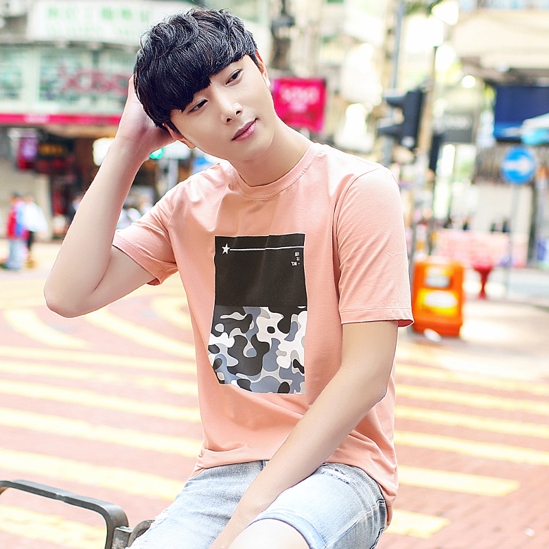 夏季男士短袖t恤圓領韓版個性印花夏裝t恤男裝修身青少年上衣服潮