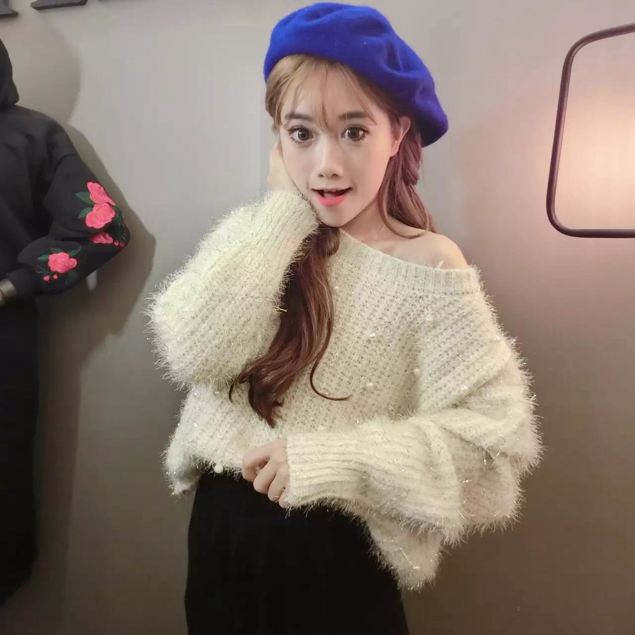 冬季女裝韓版學生寬松釘珠針織衫女短款圓領套頭亮絲打底毛衣上衣