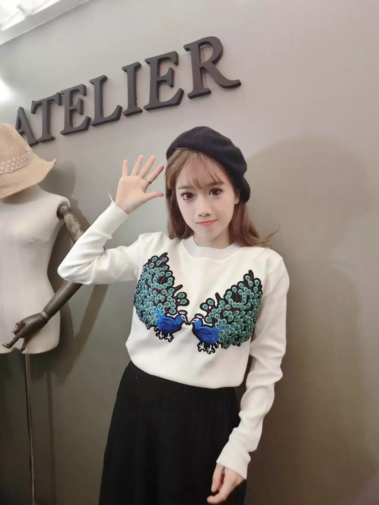 冬季新款韓版女裝圓領套頭黑色刺繡毛衣修身長袖針織衫女上衣