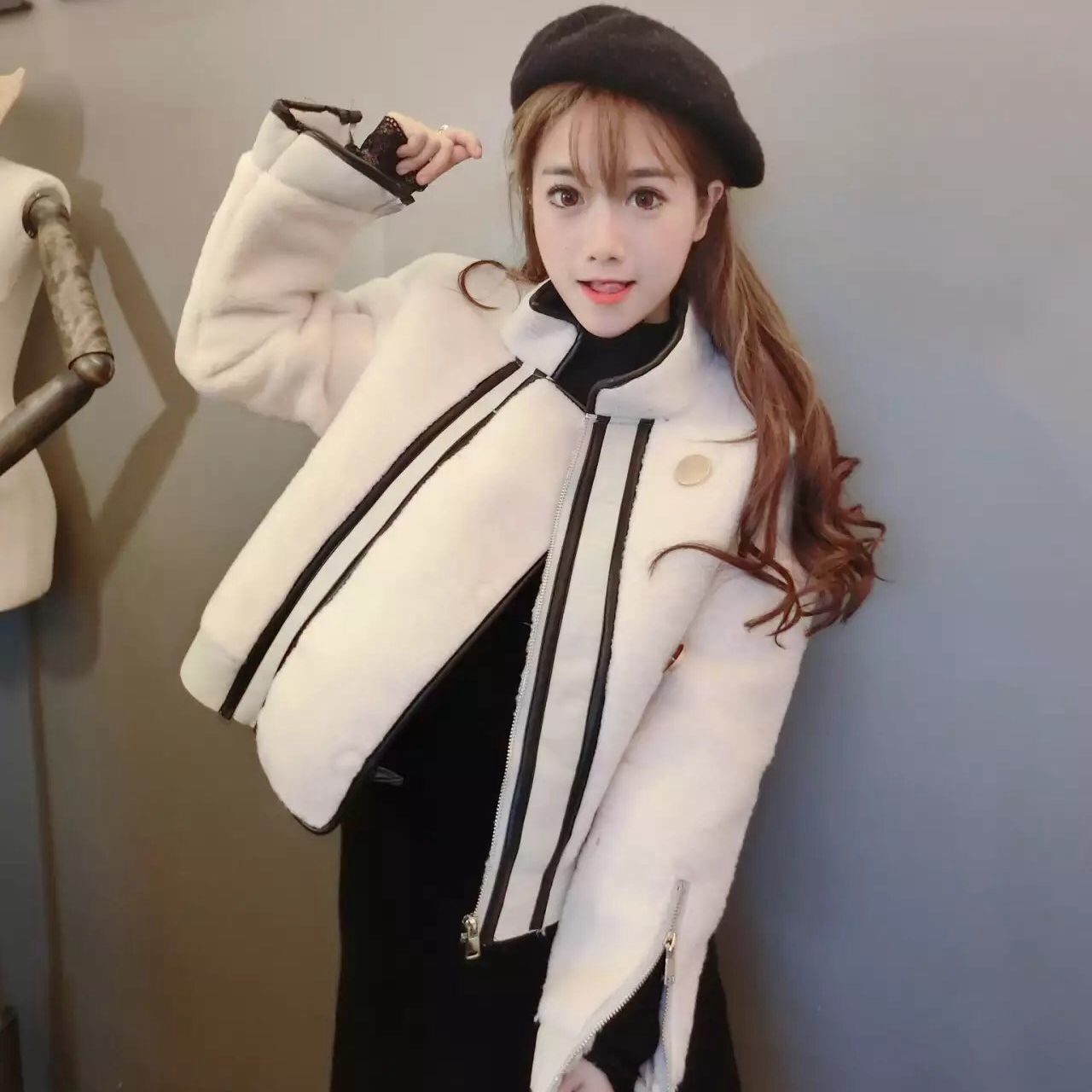 新款韓版時尚PU皮拼接毛絨短外套女冬裝新款潮長袖上衣服夾克