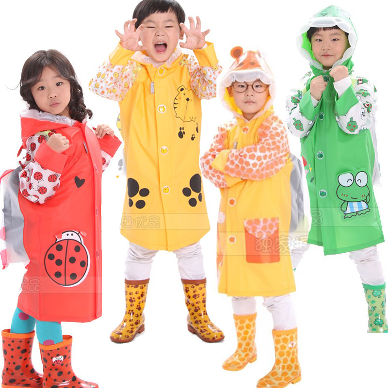 韓國正品 加厚兒童雨衣帶書包位男女童中長款卡通動物雨披小學生