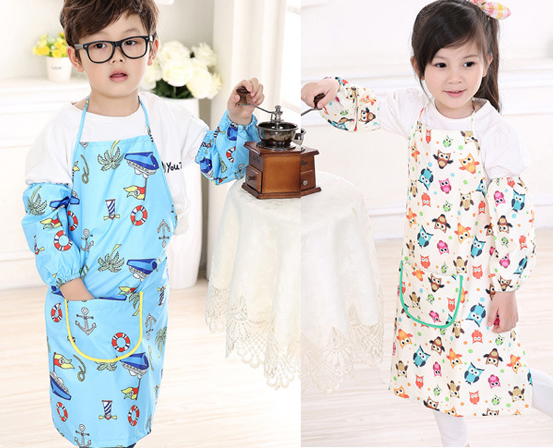 出口韓國男女兒童畫畫衣韓版卡通防水寶寶圍裙分體衣加袖套反穿衣