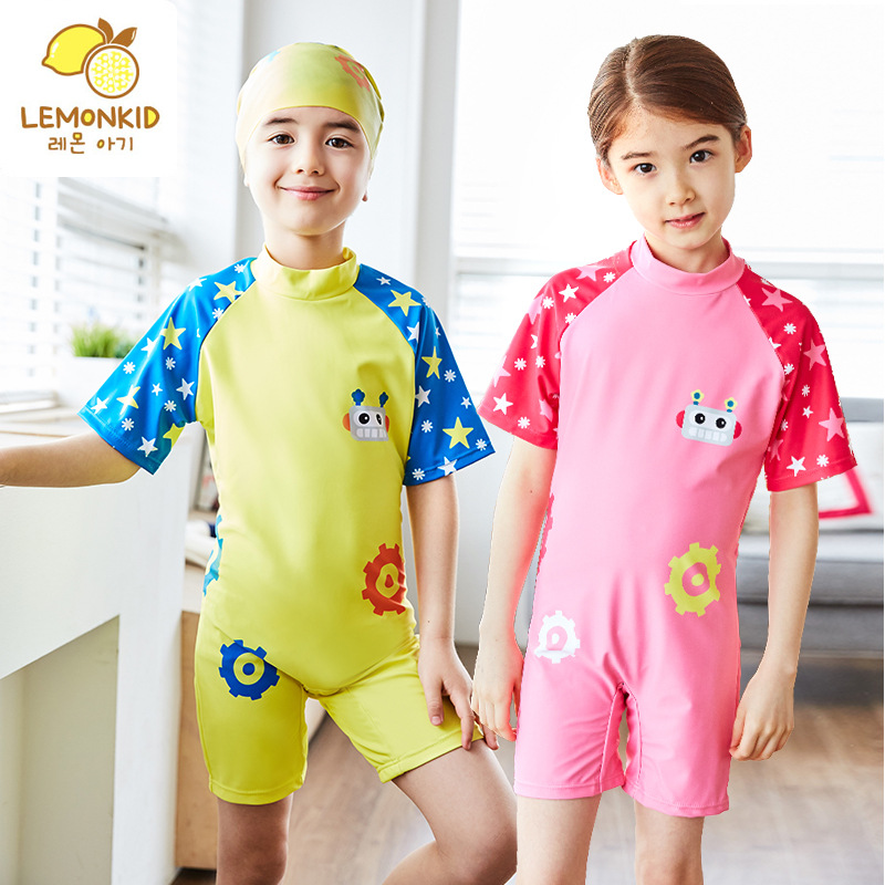 代購韓國新款lemonkid男女兒童連體泳衣 卡通環保寶寶拼色游泳衣